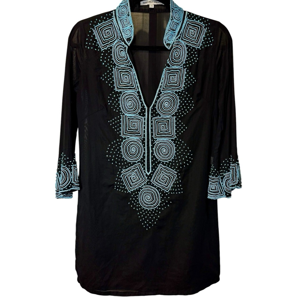 Barbara‎ Gerwit Turquoise Beaded Fairy Black Tunic Top Lagenlook Shirt XS S